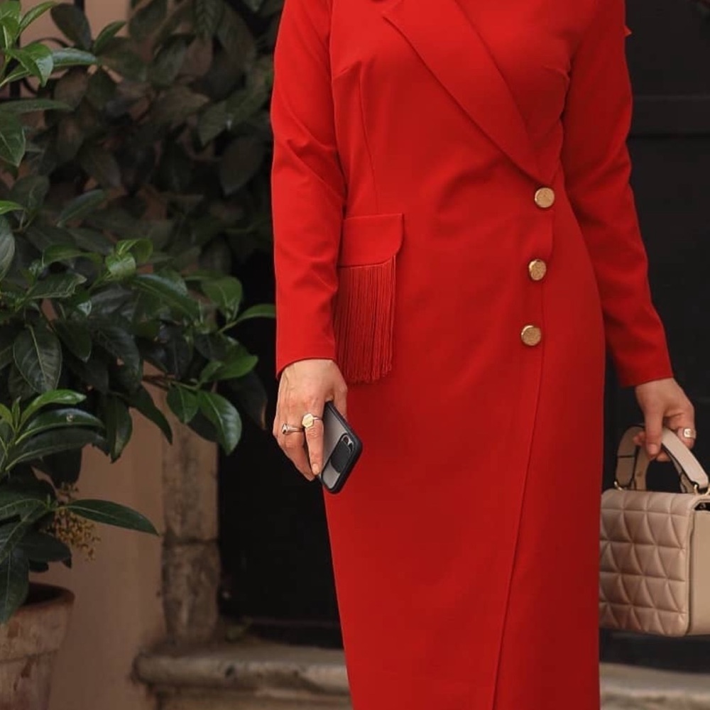 Red Long Sleeve Wrap-Front Dress with Gold Buttons